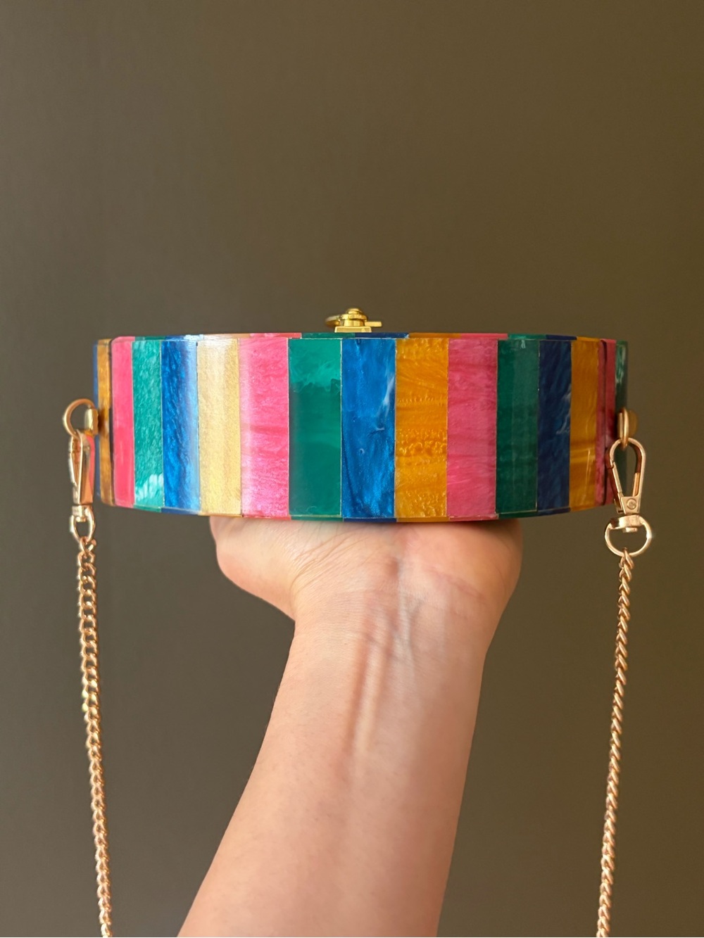 Rainbow Sunburst Acrylic Box Clutch | Round Statement Bag | Gold Chain - Picture 7 of 7